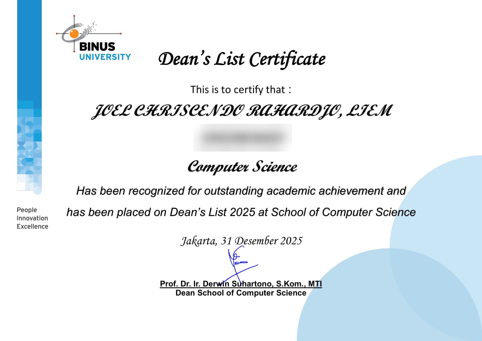 Dean's List 2025 certificate