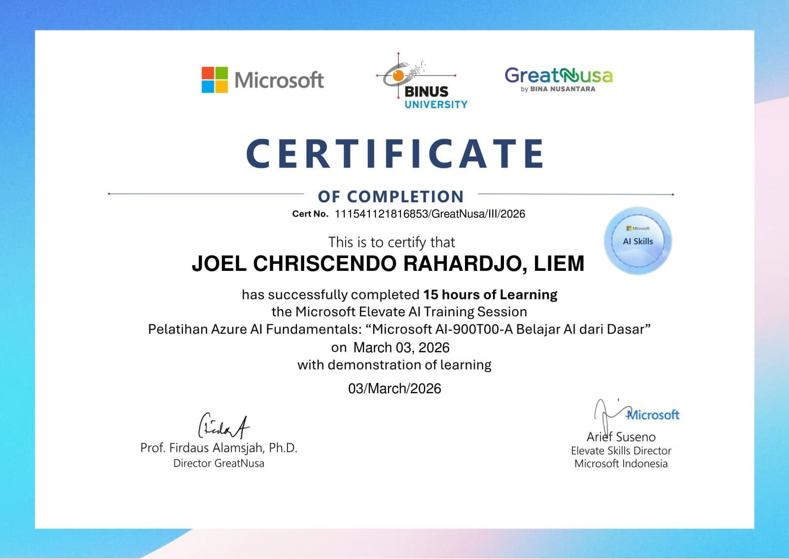 Azure AI Fundamentals (AI-900T00-A), Microsoft Elevate AI Training certificate