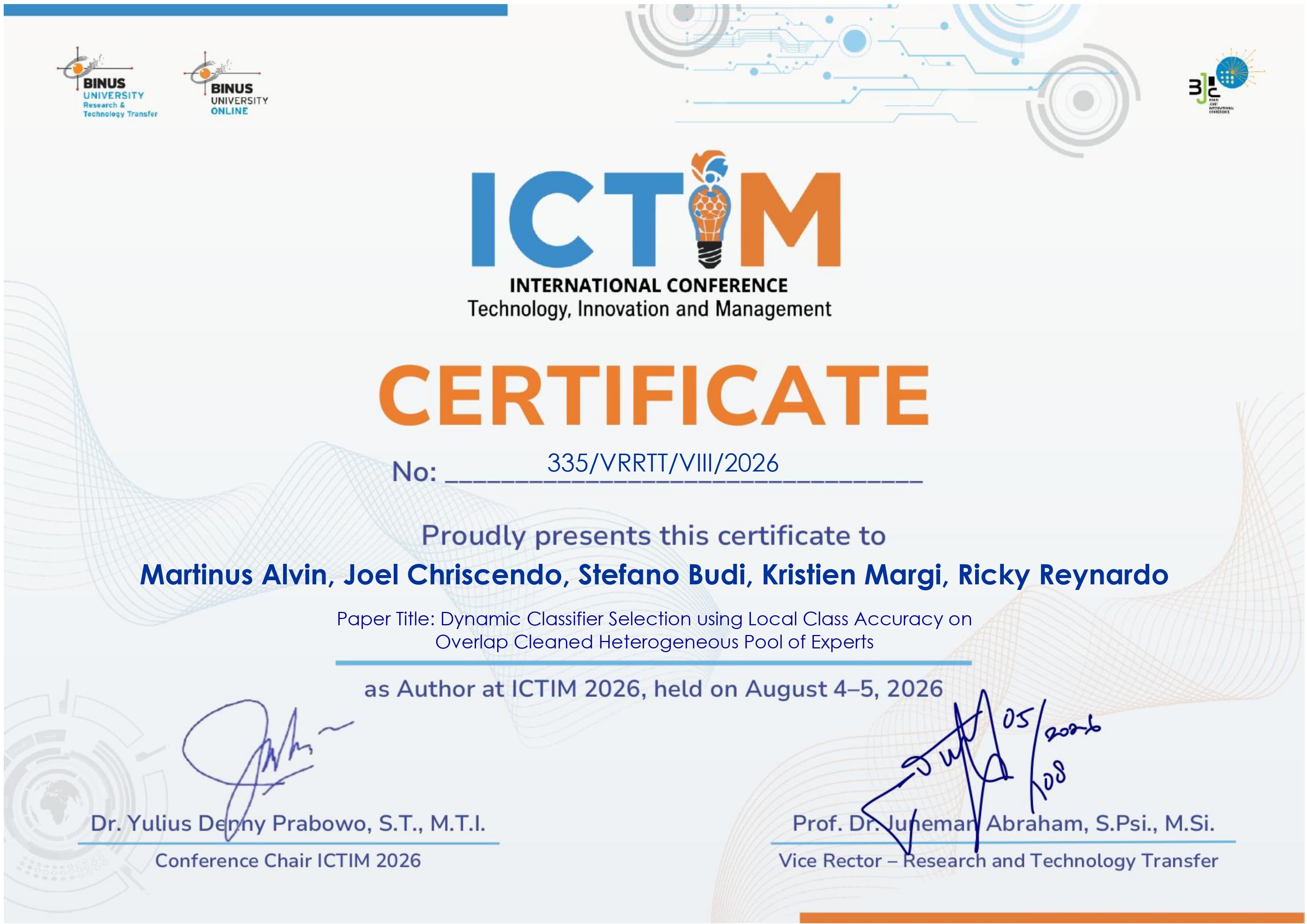 Conference certificate for Dynamic Classifier Selection using Local Class Accuracy on Overlap Cleaned Heterogeneous Pool of Experts